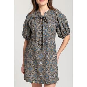 NEW APNY laced up puffed sleeve dress in indigo multi